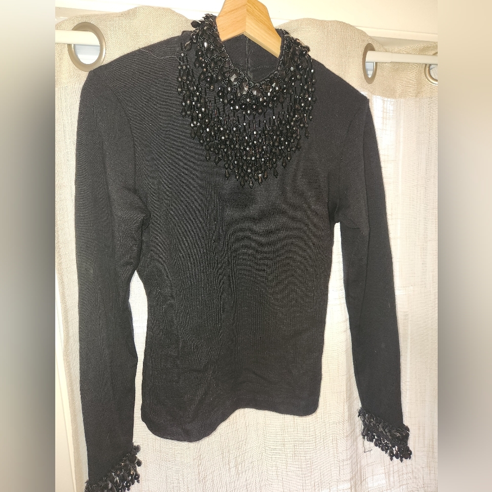 Andrea Jovine Black Beaded Trim Sweater